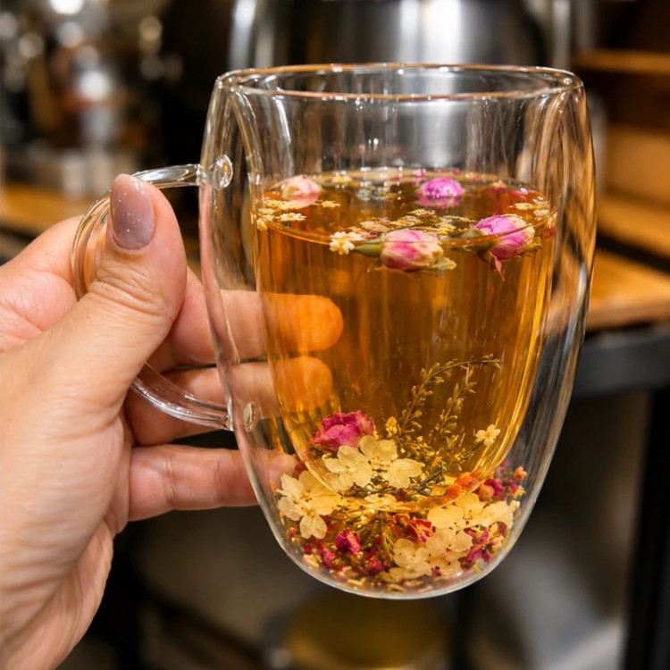 ماگ شیشه ای دوجداره گلدار بزرگ